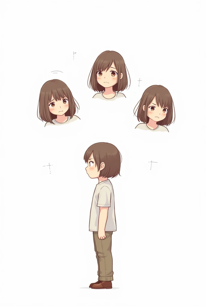 Kizi, about 10 years, several positions demonstrating doubt, brown hair and eyes, hair falling to shoulder height, centralizing your doubt. white background. drawing style , art in lines, 2d.