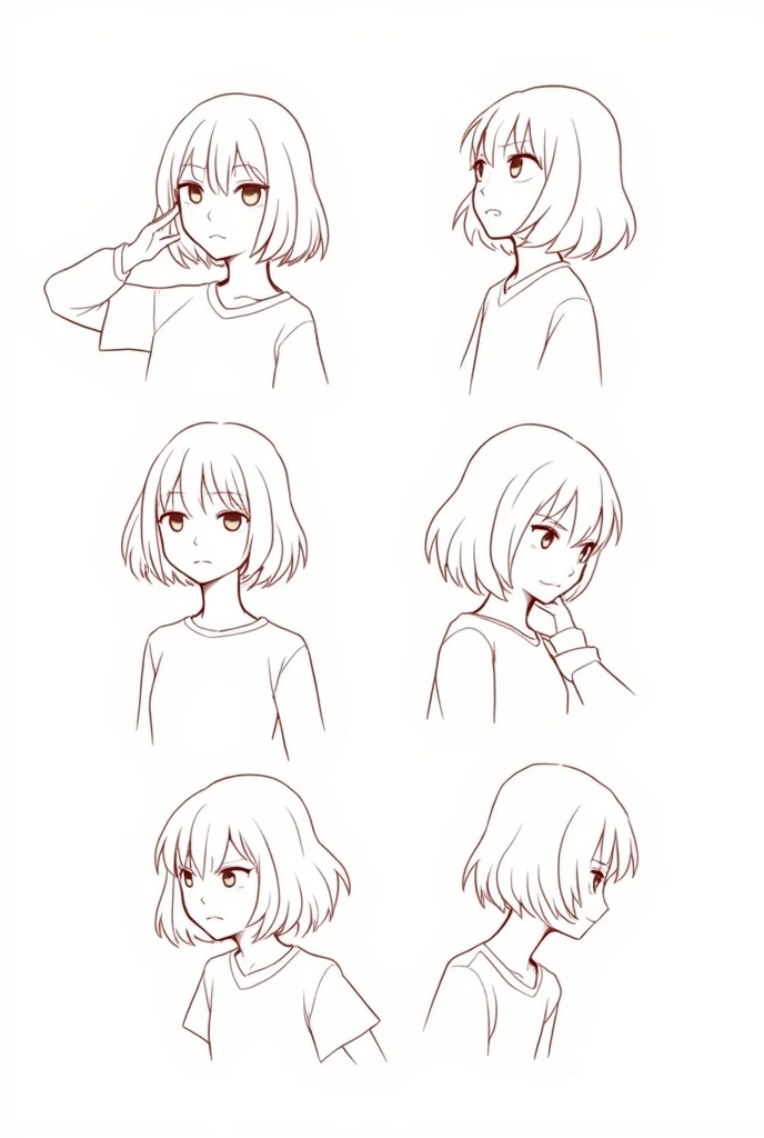 Kizi, about 10 years, several positions demonstrating doubt, brown hair and eyes, hair falling to shoulder height, centralizing your doubt. white background. drawing style , art in lines, 2d.