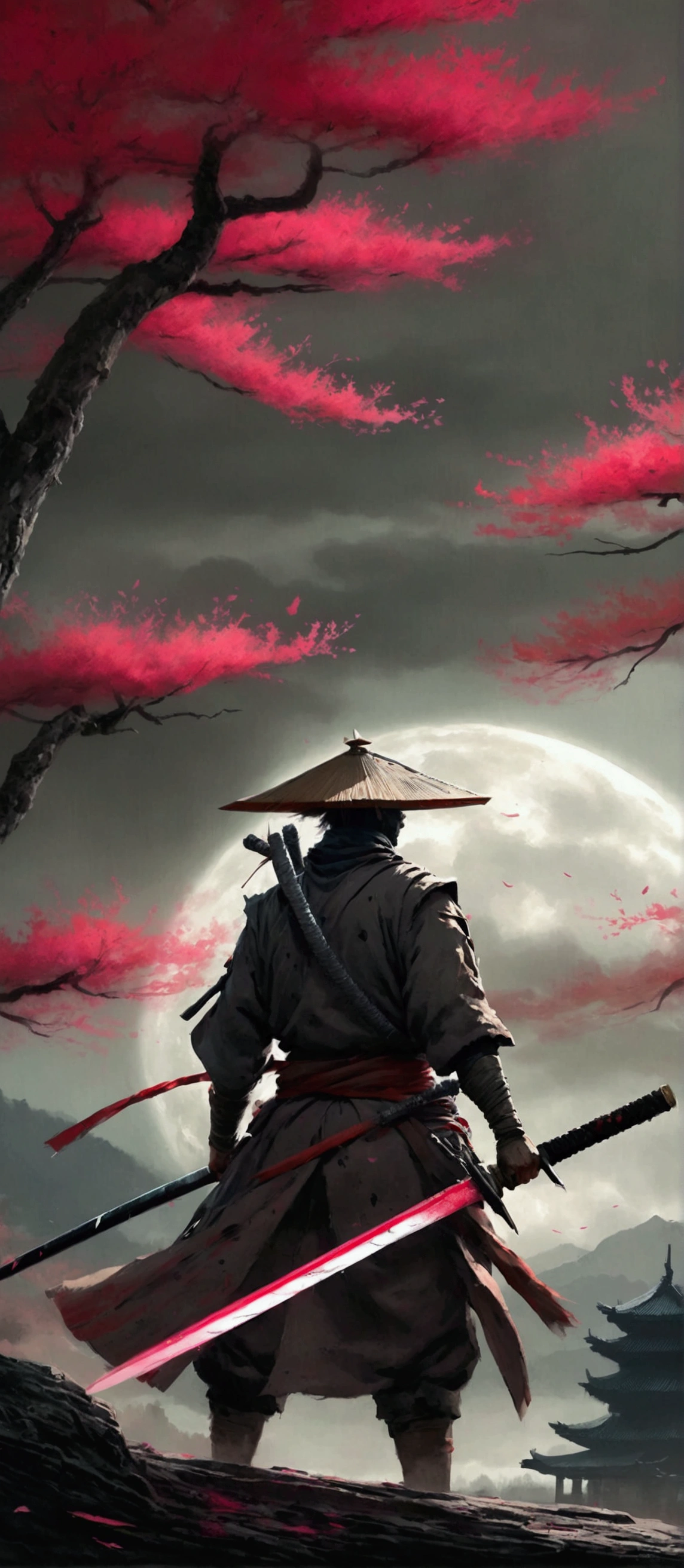 a painting of a man with a sword and a red sun, sekiro in borne world, sekiro, inspired by Kanō Hōgai, feudal japan art, ghost of tsushima, traditional japanese concept art, inspired by Edo Murtić, ronin, inspired by Ma Shi, sekiro mountain, samurai style, benedick bana
