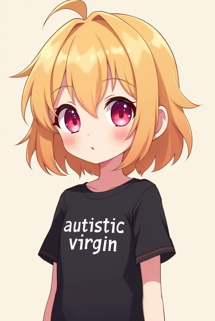 kawaii blonde anime girl with pink eyes wearing a black shirt that says autistic virgin