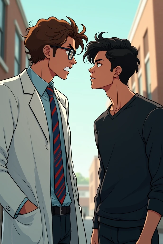 draw two guys 20 years college students on side view looking at each other, in the left the guy is taller has eye glasses and has brown wavy curly hair, he wears lab gown over white long sleeves and blue and red stripes tie, has green eyes looking at the other guy angrily, the other guy beside him wears black clothes has wavy black hair and looks as if he's trying to provoke the other guy.
