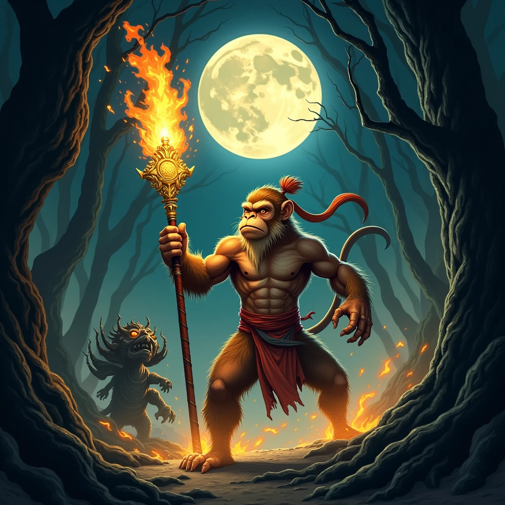 Create an illustration of the Monkey King Chinese fable tale, with his golden staff on fire fighting a monster in a dark forest under a full moon