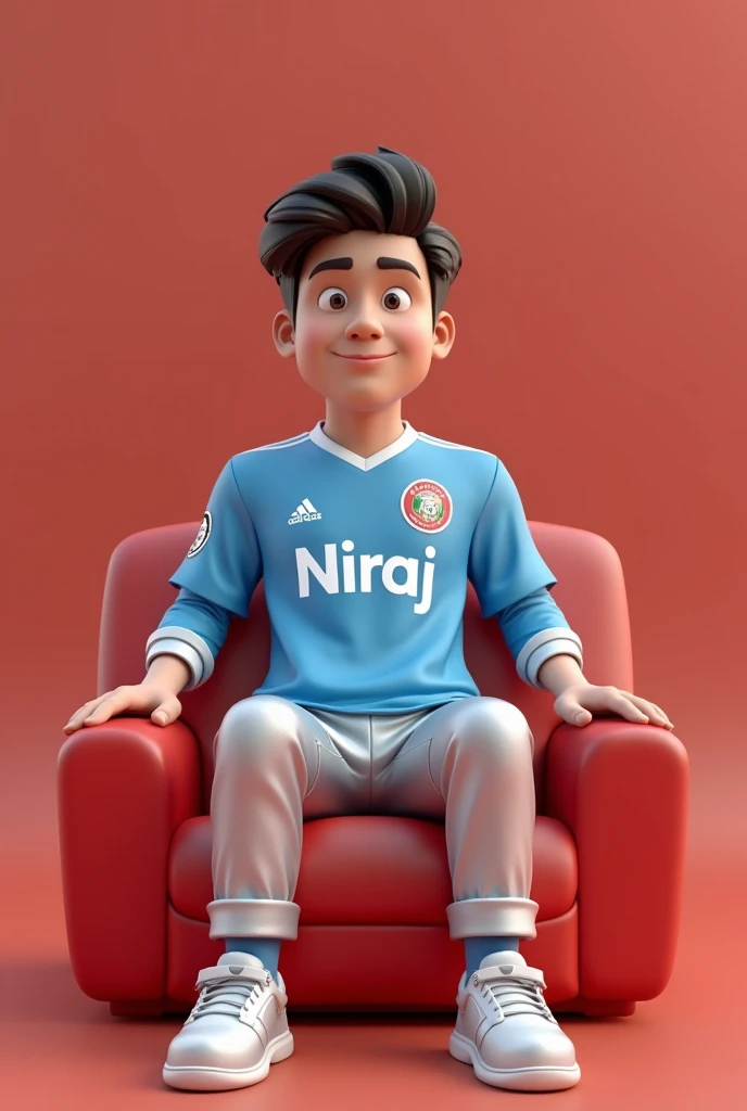 A 3D and me 20 year boy wearin sky colour jersey and  silver colour lower, sitting on red chair, write Niraj on his dress