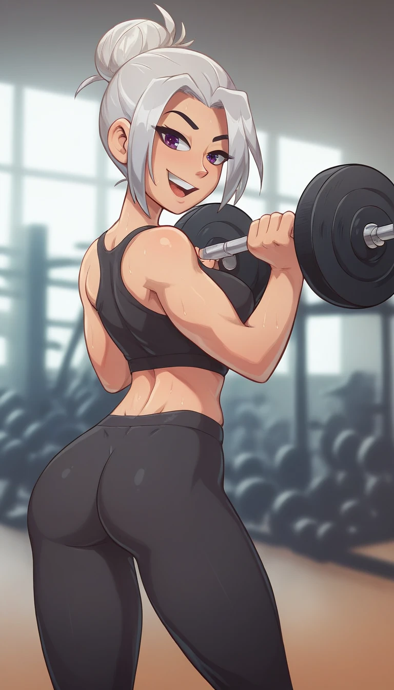 A dynamic image of a young woman in a gym environment. She has an athletic body and an expression of determination.. She is dressed in stylish workout clothes, including a fitted tank top and leggings, and is in the middle of a weightlifting exercise, showing her strength. Her hair is tied in a high bun, and beads of sweat shine on his forehead. The gym environment around her is modern, with various fitness equipment visible in the background. The image must be viewed from the back, with a light smile, Depth of field, cinematic lighting, high resolution, best qualityer, super details, and masterpiece style., light smile, silver hair, moaning, depth of field, cinematic lighting, highres, best quality, super detail, masterpiece