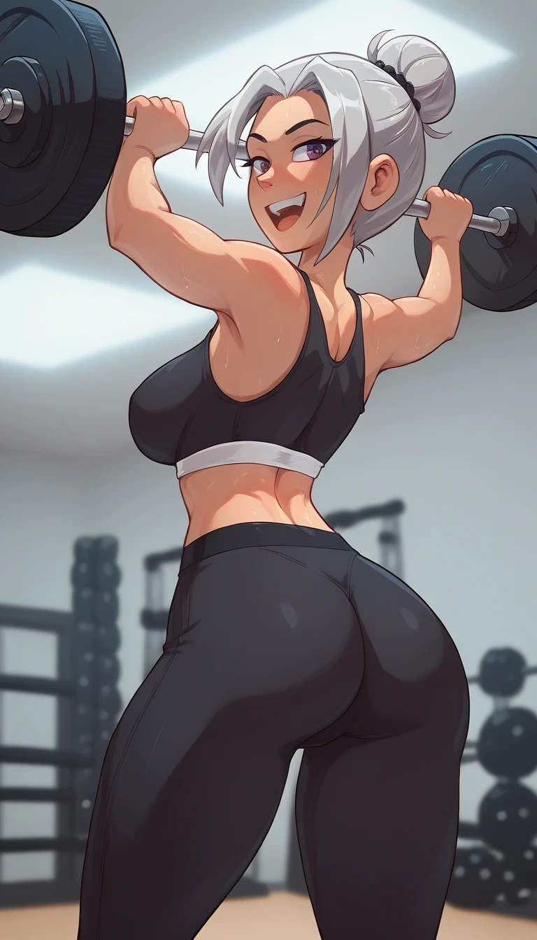 A dynamic image of a young woman in a gym environment. She has an athletic body and an expression of determination.. She is dressed in stylish workout clothes, including a fitted tank top and leggings, and is in the middle of a weightlifting exercise, showing her strength. Her hair is tied in a high bun, and beads of sweat shine on his forehead. The gym environment around her is modern, with various fitness equipment visible in the background. The image must be viewed from the back, with a light smile, Depth of field, cinematic lighting, high resolution, best qualityer, super details, and masterpiece style., light smile, silver hair, moaning, depth of field, cinematic lighting, highres, best quality, super detail, masterpiece