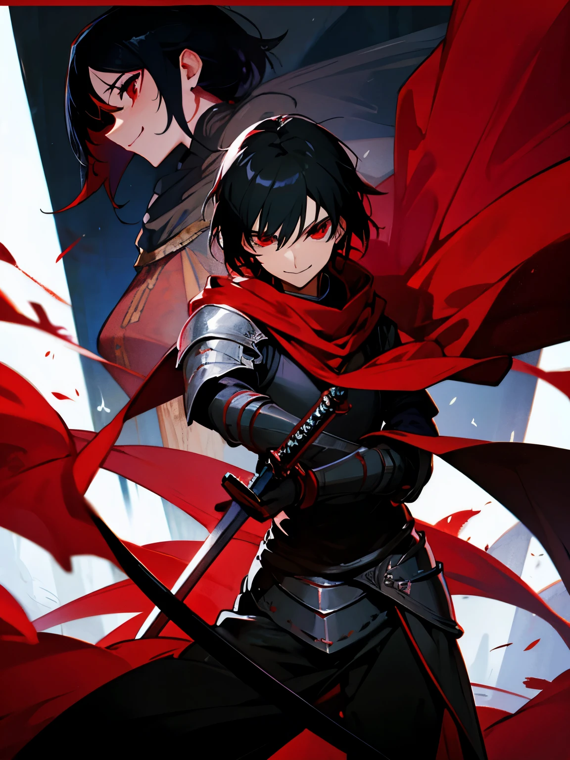 Knight Rohit, black hair, red eyes, cool, red shawl, smile, black iron armor, holding a red sword.