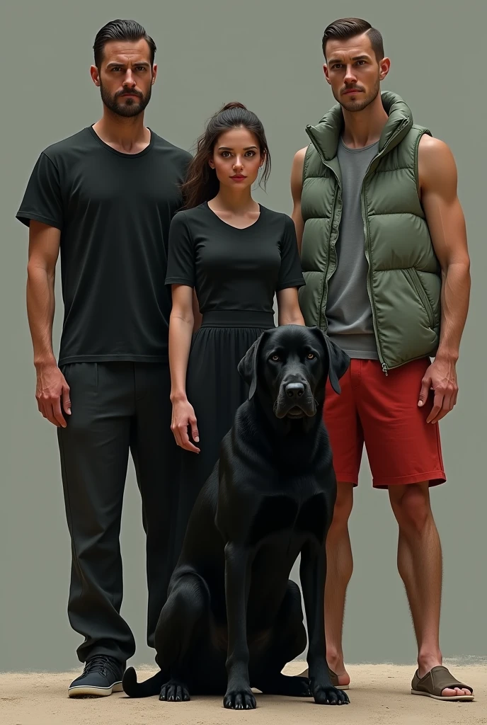 Une femme qui mesure 1,70 m, elle a les cheveux bruns foncé avec une queue de cheval. Elle est vêtue de noir. Elle a à ses côtés un grand chien beauceron noir. Un homme qui mesure 1,80 m, il a les cheveux brun court coiffés en arrière et une barbe de trois jours, il est maigre et porte un short rouge et une doudoune vert clair. Un autre homme qui mesure 1,78 m, il a les cheveux brun clair et très courts. Il est en débardeur gris.