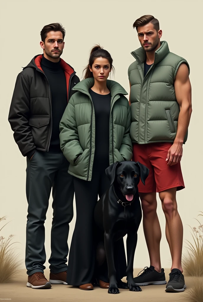 Une femme qui mesure 1,70 m, elle a les cheveux bruns foncé avec une queue de cheval. Elle est vêtue de . Elle a à ses côtés un grand chien beauceron noir homme qui mesure 1,80 m, il a les cheveux brun court coiffés en arrière et une barbe de trois jours, il est maigre et porte un short rouge et une doudoune vert clair. Un autre homme qui mesure 1,78 m, il a les cheveux brun clair et très courts. Il est en débardeur gris.
