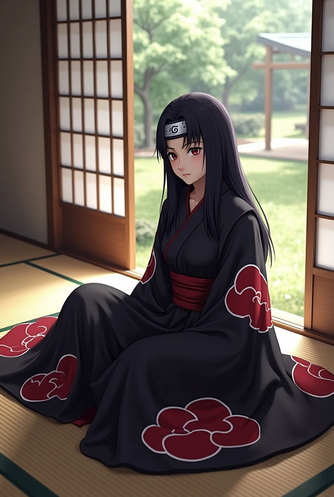 A girl in the Itachi clothes and in the Japanese house and sitting in the window