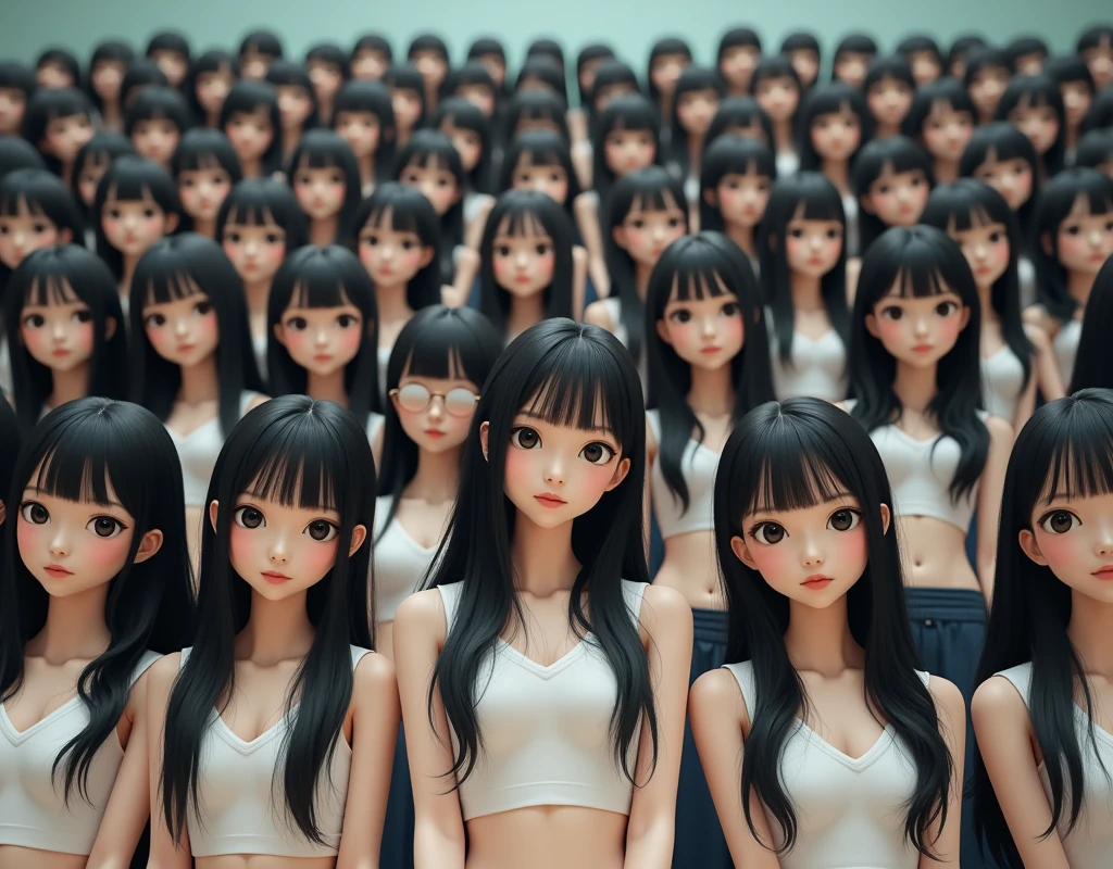 (Japanese Clone-girls=Myself), (Super Best masterpiece Clone-girls Raw Photography Art), (16K, Highest quality, Ultra-high resolution, RAW Photos), (It's so unrealistic., With unparalleled depiction, With an unfathomable sight, An unprecedented and shocking worldview, Clone-girls: In a world of mass reproduction, Ultra-realistic), (Japanese Girls, yo, Small face, Thick black hair, long hair, Dark Eyes, Mature face, かわいいsmile, Smiling face, A gentle gaze, Very pleasant look), (Very beautiful detailed girls, Accurate body structure, Accurate body movements, Very detailed body, (Super big breasts, Large bulge of ample breasts)), (Schoolgirl uniform, Short sleeve, mini skirt, Emphasise the fullness of your breasts), (Very detailed, Myself cloning, Depiction of splitting oneself, 1Myself girl→1,000,000,000,000,000,000,000,000,000,000Myself cloning girls), (Very detailed and intricate, Myself's body is multiplying, A perfectly matched depiction, (In the same female body,With the same face, With the same hairstyle, In the same clothes, At the same height, 同じSuper big breasts), 1,000,000,000,000,000,000,000,000,000,000 people mass proliferation), (Myself girls only), Academy, gym, stage, academic level, Commemorative photo depiction, Group photo, Tiered stage photography, smile, Front view