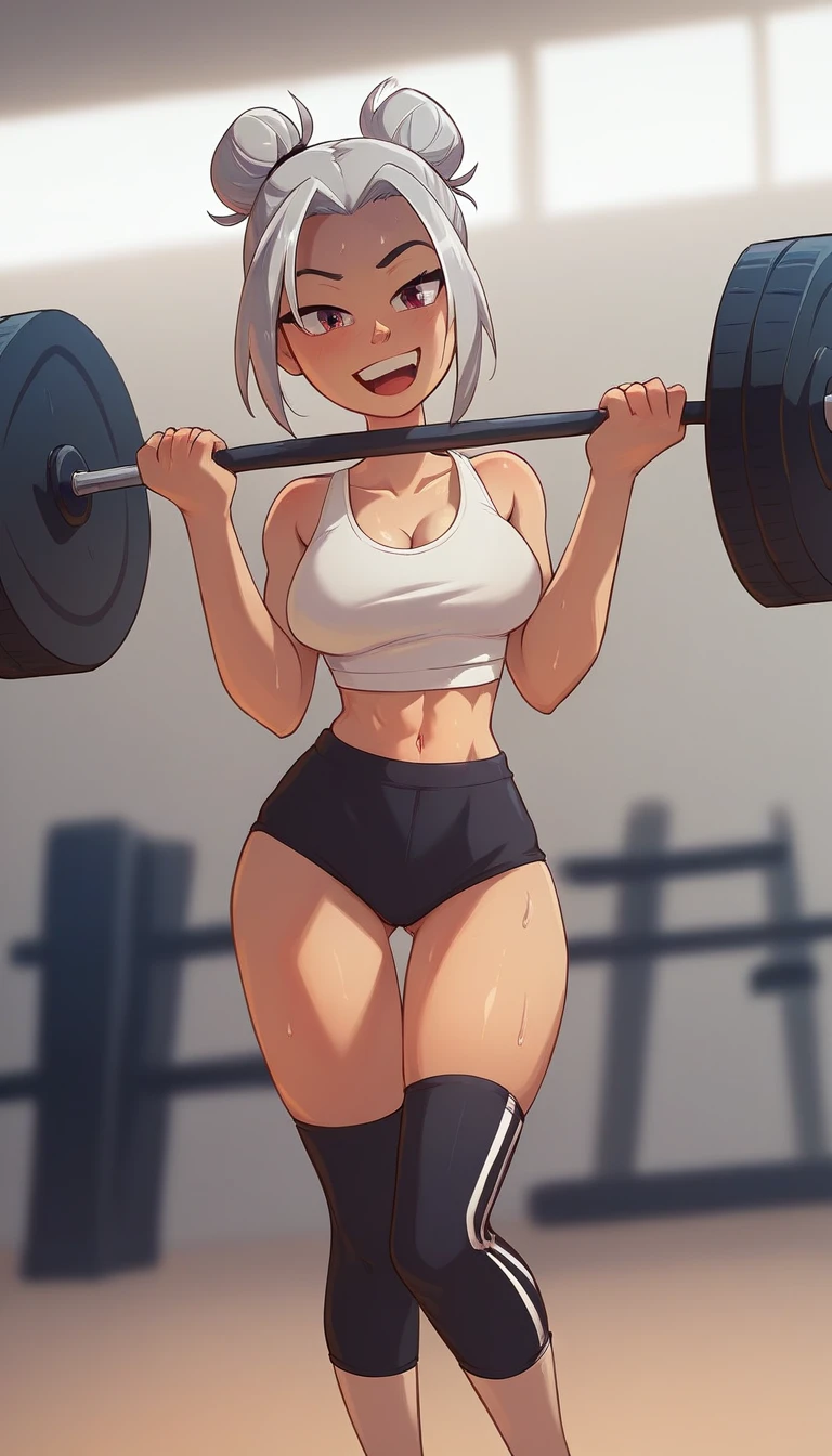 A dynamic image of a young woman in a gym environment. She has an athletic body and an expression of determination.. She is dressed in stylish workout clothes, including a fitted tank top and leggings, and is in the middle of a weightlifting exercise, showing her strength. Her hair is tied in a high bun, and beads of sweat shine on his forehead. The gym environment around her is modern, with various fitness equipment visible in the background. The image must be viewed from the back, with a light smile, Depth of field, cinematic lighting, high resolution, best qualityer, super details, and masterpiece style., light smile, silver hair, moaning, depth of field, cinematic lighting, highres, best quality, super detail, masterpiece