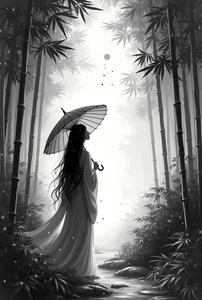 Dynamic ink painting of a Japanese bamboo forest, Black and White,Monochrome, Great art, Amazing depth, Ground level shot, The most beautiful bamboo forest in the world, Bamboo leaves shining in rainwater, moon\(pale\) In light cloudy weather, Beautiful woman\(Aristocrats of Ancient Japan, Beautiful kimono, Beautiful long black hair\) looking up at the moon holding an umbrella,Light rain, Fireflies flying around, Bamboo leaves are arranged three-dimensionally in the foreground., Long Range Shots
