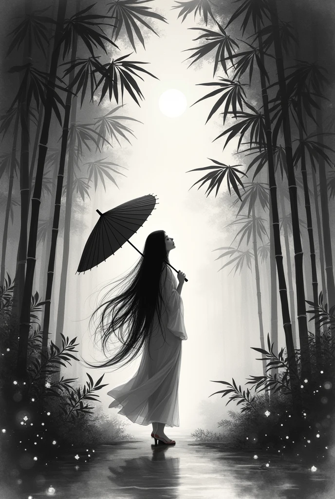 Dynamic ink painting of a Japanese bamboo forest, Black and White,Monochrome, Great art, Amazing depth, Ground level shot, The most beautiful bamboo forest in the world, Bamboo leaves shining in rainwater, moon\(pale\) In light cloudy weather, Beautiful woman\(Aristocrats of Ancient Japan, Beautiful kimono, Beautiful long black hair\) looking up at the moon holding an umbrella,Light rain, Fireflies flying around, Bamboo leaves are arranged three-dimensionally in the foreground., Long Range Shots