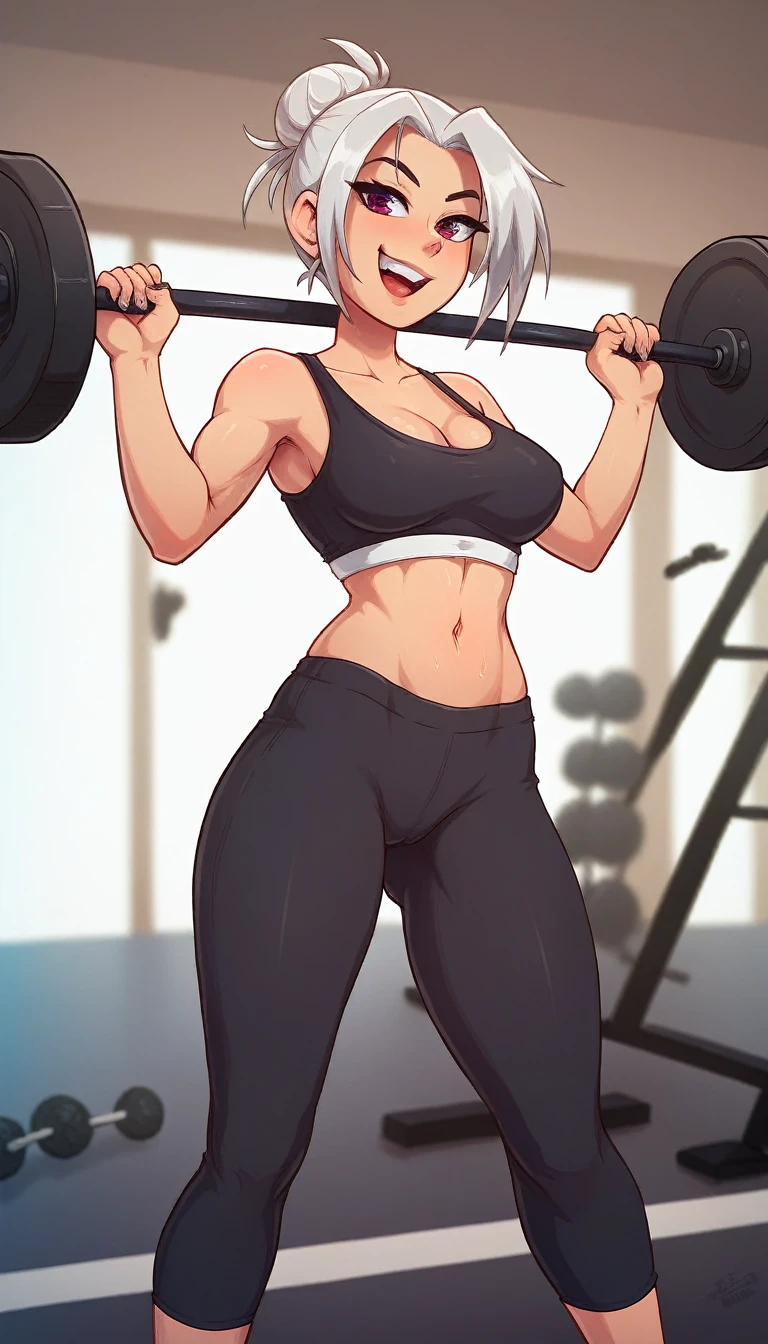 A dynamic image of a young woman in a gym environment. She has an athletic body and an expression of determination.. She is dressed in stylish workout clothes, including a fitted tank top and leggings, and is in the middle of a weightlifting exercise, showing her strength. Her hair is tied in a high bun, and beads of sweat shine on his forehead. The gym environment around her is modern, with various fitness equipment visible in the background. The image must be viewed from the back, with a light smile, Depth of field, cinematic lighting, high resolution, best qualityer, super details, and masterpiece style., light smile, silver hair, moaning, depth of field, cinematic lighting, highres, best quality, super detail, masterpiece