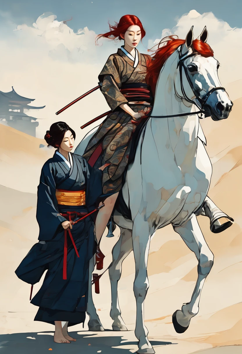 Full body, redhead Japanese female Samurai with horse, slim young, sensual warm dreams, minimalism, Vogue poster style, young slim, hug saint horse, high quality, surreal, long perfect legs,by Egon Schiele style. concept high details --ar 9:16 --sref 21458 35761 --personalize ahxd93i --stylize 300 --v 6.1