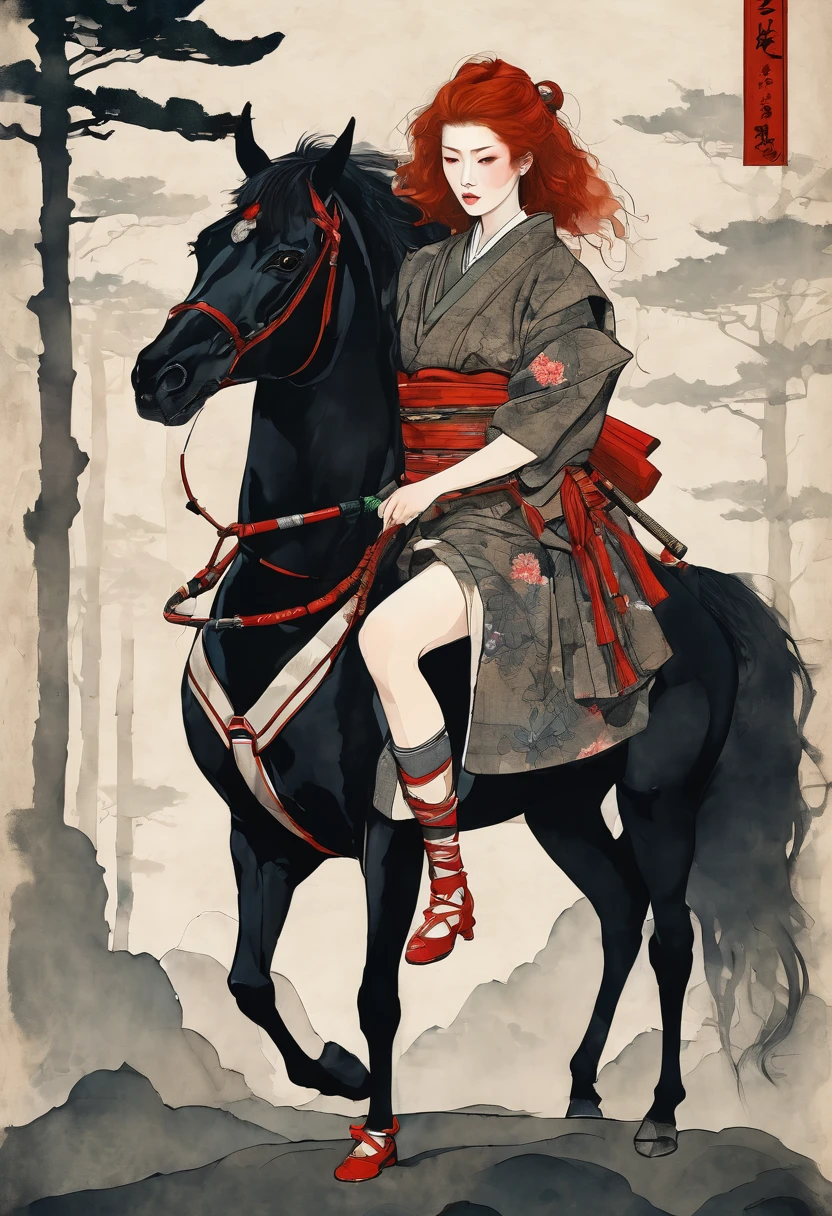 Full body, redhead Japanese female Samurai with horse, slim young, sensual warm dreams, minimalism, Vogue poster style, young slim, hug saint horse, high quality, surreal, long perfect legs,by Egon Schiele style. concept high details --ar 9:16 --sref 21458 35761 --personalize ahxd93i --stylize 300 --v 6.1
