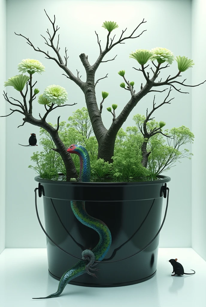 A white cubic room, with a black bucket and inside that bucket crystal clear water, inside this bucket covered by water some rooted branches, green mum and black mum, but in reality these branches turn into snakes, one of the branches is a black snake, and the other branch is a green snake that looks like a caterpillar, and the other is a rainbow snake of half-darkened tones, and from its leaves mice are born and jump out of the bucket, as if they were baby snakes, the bucket covers all the snakes and branches and there are no flowers and the water also covers everything I can see because I look inside, everything in the bucket is covered by water and by the bucket which is very big and covers everything, so I look at the bottom of it so I can see, There is also a rainbow snake with dark tones


