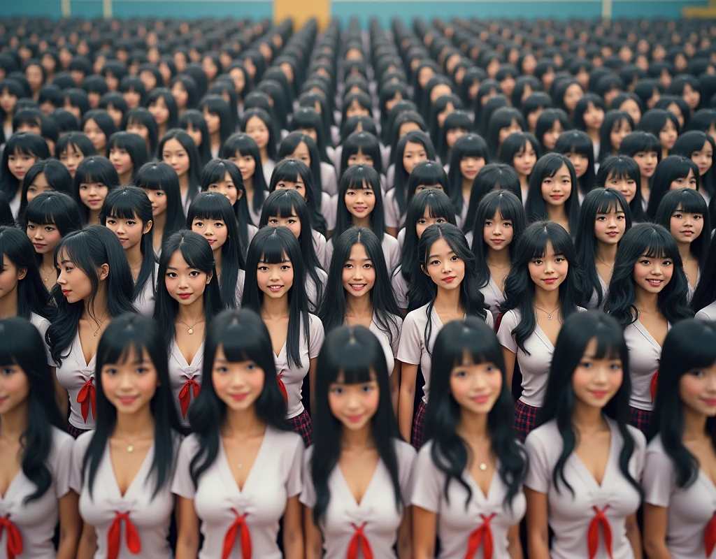 (Japanese Clone-girls=Myself), (Super Best masterpiece Clone-girls Raw Photography Art), (16K, Highest quality, Ultra-high resolution, RAW Photos), (It's so unrealistic., With unparalleled depiction, With an unfathomable sight, An unprecedented and shocking worldview, Clone-girls: In a world of mass reproduction, Ultra-realistic), (Japanese Girls, 16yo, Small face, Thick black hair, long hair, Dark Eyes, Mature face, かわいいsmile, Smiling face, A gentle gaze, Very pleasant look), (Very beautiful detailed girls, Accurate body structure, Accurate body movements, Very detailed body, (Super big breasts, Large bulge of ample breasts)), (Schoolgirl uniform, Short sleeve, mini skirt, Emphasise the fullness of your breasts), (Very detailed, Myself cloning, Depiction of splitting oneself, 1Myself girl→1,000,000,000,000,000,000,000,000,000,000Myself cloning girls), (Very detailed and intricate, Myself's body is multiplying, A perfectly matched depiction, (In the same female body,With the same face, With the same hairstyle, In the same clothes, At the same height, 同じSuper big breasts), 1,000,000,000,000,000,000,000,000,000,000 people mass proliferation), (Myself girls only), Academy, gym, stage, academic level, Commemorative photo depiction, Group photo, Tiered stage photography, smile, Front view
