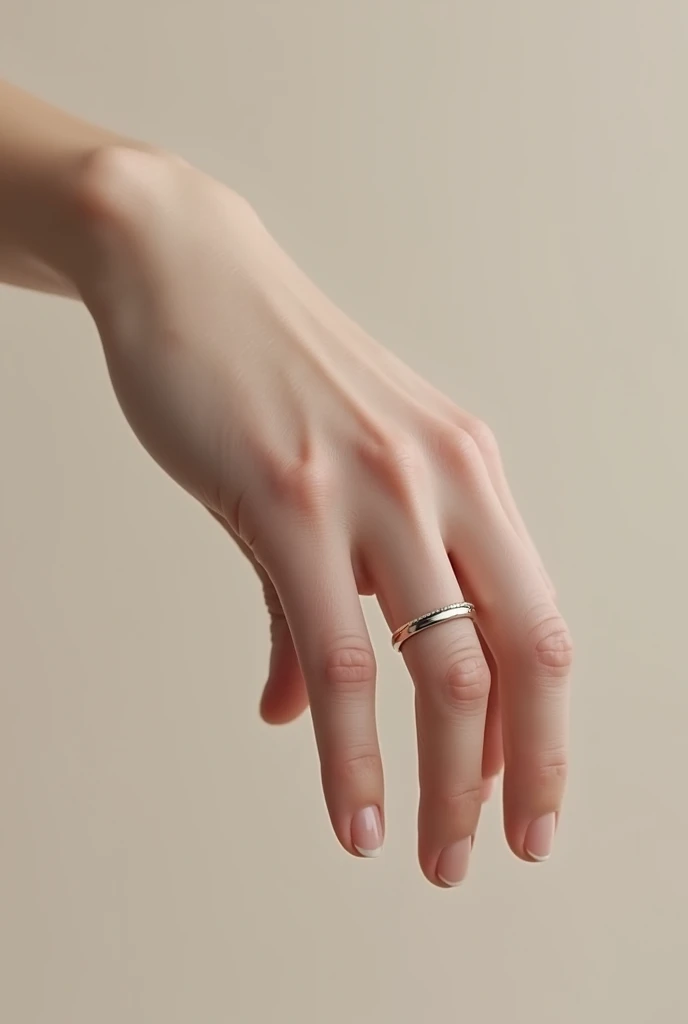 generate image of a female hand with the wedding ring facing down, simple alliance, fine , silver yellow skin color