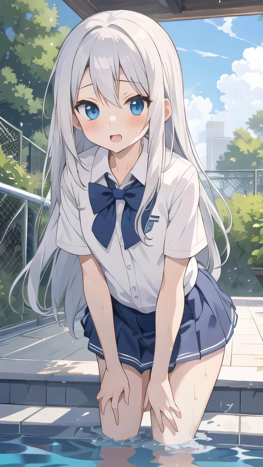 cute girl, アニメ, silver hair, straight hair, Blue eyes, outdoor, cowboy shot, pool, shine, Wet, sex, sex, sex, small bust, white school uniform, short sleeve