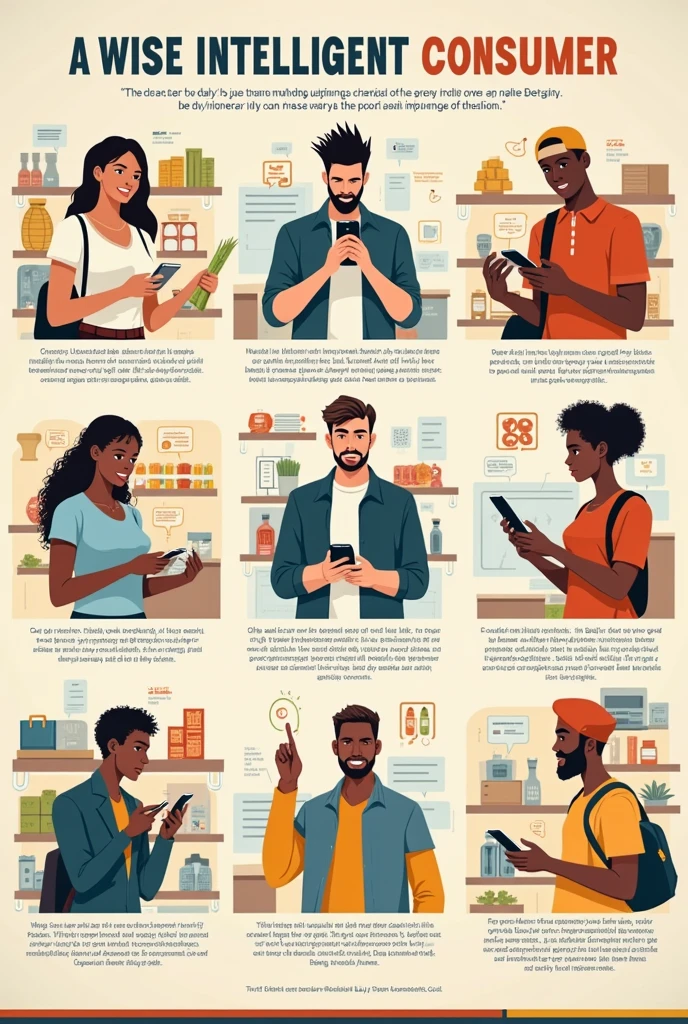 Create a poster that shows or entitled as "a wise and intelligent consumer". this poster will contain groups of pictures (each shows different characteristics of consumer) (ex. A picture that shows a consumer reading the nutritional facts, a picture that shows a consumer considering the prices and sales, and etc.)
