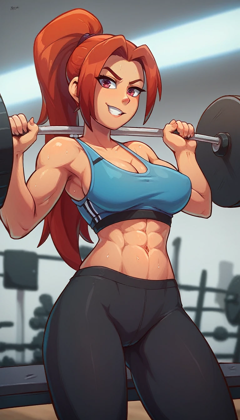 A dynamic image of a young woman in a gym setting. She has an athletic build with a determined expression on her face. She is dressed in stylish workout gear, including a fitted tank top and leggings, and is in the middle of a weightlifting exercise, showcasing her strength. Her hair is tied back in a high ponytail, and beads of sweat glisten on her forehead. The gym environment around her is modern, with various fitness equipment visible in the background., light smile, depth of field, cinematic lighting, highres, best quality, super detail, masterpiece