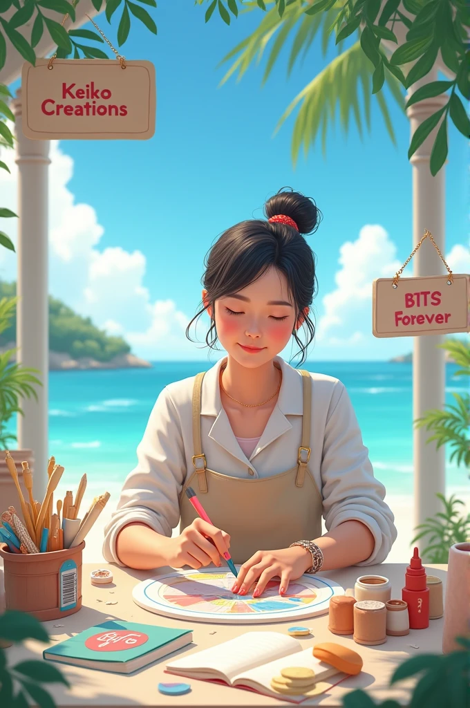 Beach alone the radiant middle aged Asian woman making crafts with signs written Keiko creations and BTS forever