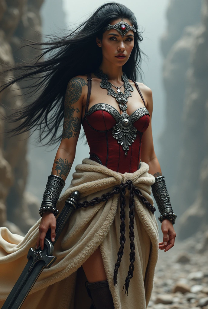 (((Sheepskin Skirt A beautiful woman with long black windblown hair under the cloak of the Amazon warrior Wonder Woman((((((Sheepskin skirt sobre Black legis)))))),(((Red corset with a wide silver metal eagle covering her breasts as an emblem))),(((Dark silver metal bracelets))),(((Sheepskin boots up to the knees with sheepskin trim)),(((Sheepskin on his shoulders))),(((Tattoos on one of her arms and a wide silver metal headband with a red star ruby on her forehead)))Giant Viking style sword in his hand))),(((Wonder Woman Vikingo))),(((Black legis))),((((((Red boots in sheepskin with beige trim)))))),((((((Sheepskin skirt)))))),((((((((Sheepskin skirt)))))))),(((((Sheepskin boots)))))