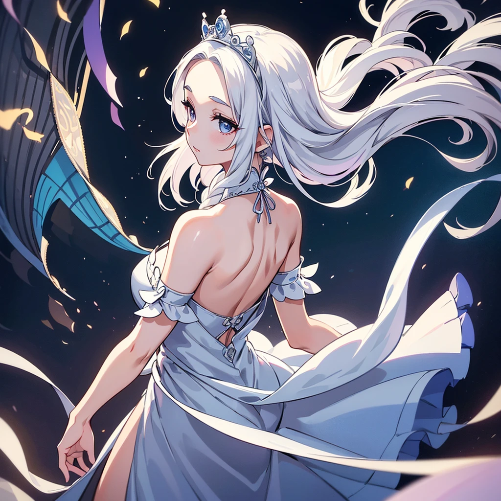 ((((Solo))))、(((((From the back、back view、Rear view))))、Highest quality, Best Quality、middle ages、(((白いGorgeous dress))、(Mature Woman、Mother、40 years old)、(White Hair、Middle Reason、Does not touch the forehead、Dumpling、Braid)、(princess、Queen of the West)、(Gorgeous dress、Shoulder)、tiara、(city)、wave hands、(White background)