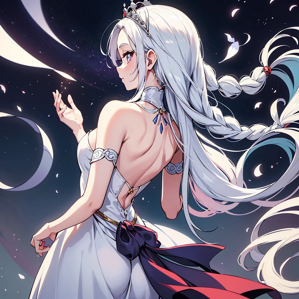 ((((Solo))))、(((((From the back、back view、Rear view))))、Highest quality, Best Quality、middle ages、(((白いGorgeous dress))、(Mature Woman、Mother、40 years old)、(White Hair、Middle Reason、Does not touch the forehead、Dumpling、Braid)、(princess、Queen of the West)、(Gorgeous dress、Shoulder)、tiara、(city)、wave hands、(White background)