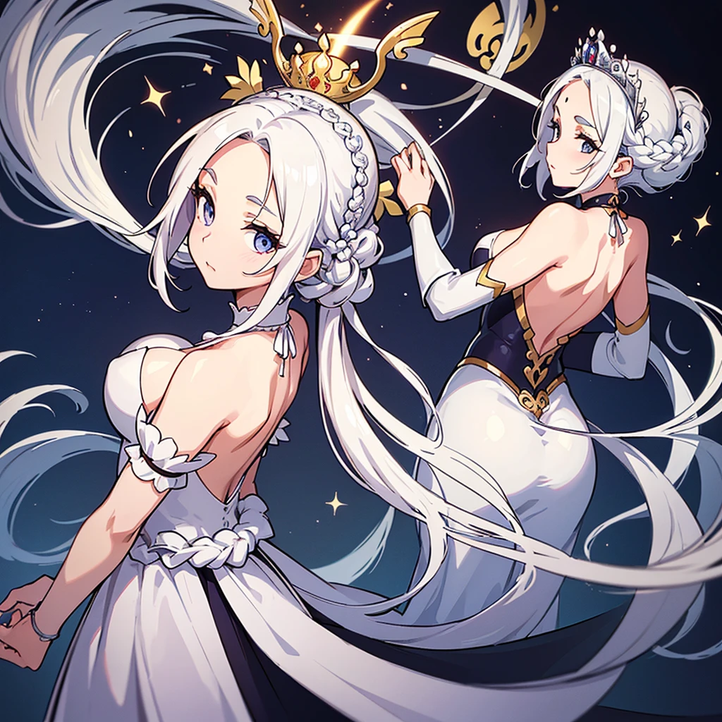 ((((Solo))))、(((((From the back、back view、Rear view))))、Highest quality, Best Quality、middle ages、(((白いGorgeous dress))、(Mature Woman、Mother、40 years old)、(White Hair、Middle Reason、Does not touch the forehead、Dumpling、Braid)、(princess、Queen of the West)、(Gorgeous dress、Shoulder)、tiara、(city)、wave hands、(White background)
