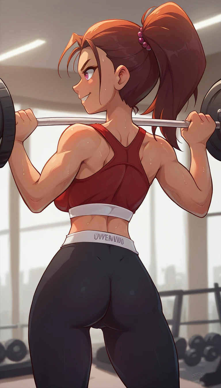 A dynamic image of a young woman in a gym setting. She has an athletic build with a determined expression on her face. She is dressed in stylish workout gear, including a fitted tank top and leggings, and is in the middle of a weightlifting exercise, showcasing her strength. Her hair is tied back in a high ponytail, and beads of sweat glisten on her forehead. The gym environment around her is modern, with various fitness equipment visible in the background., light smile, depth of field, cinematic lighting, highres, best quality, super detail, masterpiece