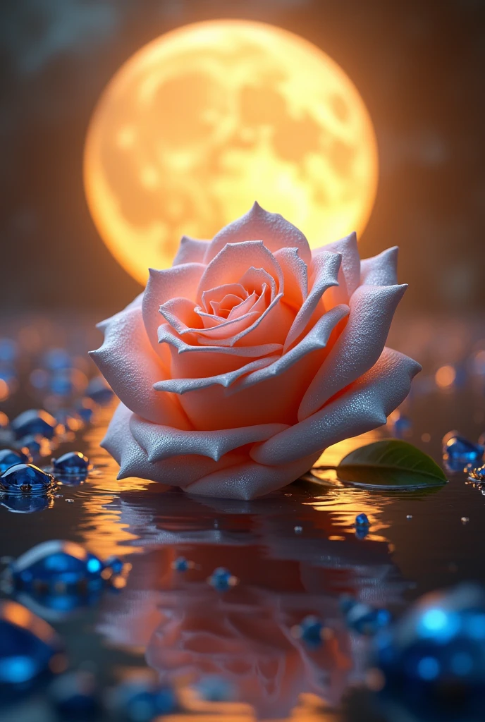 Rose adorned with sapphires and a gold or sea background that reflects the Moon
