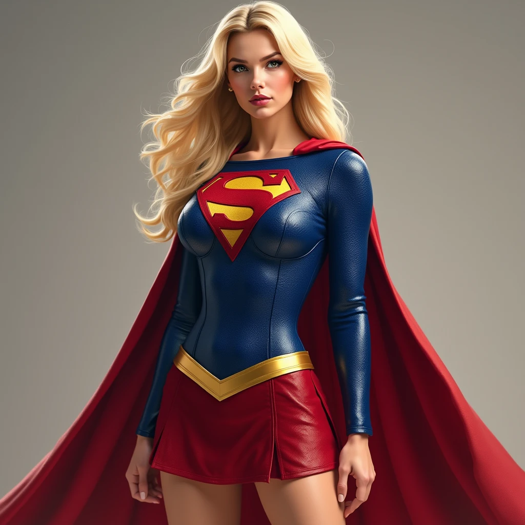 A high quality image of a realistic blonde woman in a supergirl costume, mini skirt, perky breasts, majestic curves, full body portriat
