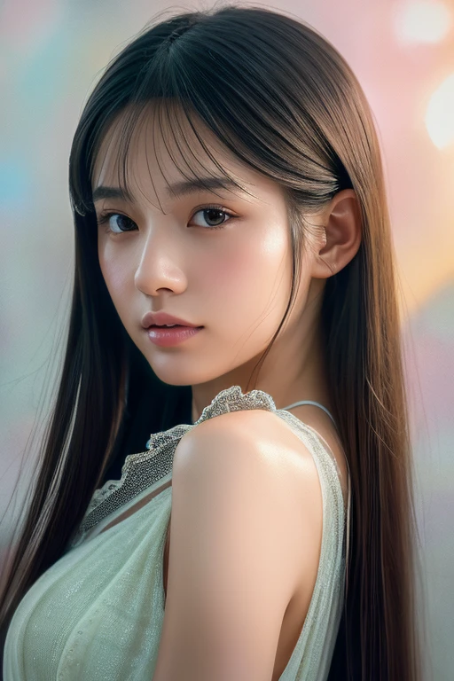 Very detailed, Realistic image of a Japanese girl with long black hair, She is wearing a sheer sleeveless camisole, And a dark look. The artwork must capture the exquisite detail in her eyes, nose, And lips, Highlight the beauty. Images should be of the highest quality and highest resolution possible (8k) To showcase complex brush strokes and textures. The lighting should be soft and diffused, A gentle glow on the girl's face, Add depth and realism to your artwork. The color palette should be calm and harmonious., A touch of soft pastel tones enhances the melancholic atmosphere. Style、It should combine realistic portraiture with a subtle photorealistic aesthetic。, Lifelike details.Full body angle、Front facing、Slender legs