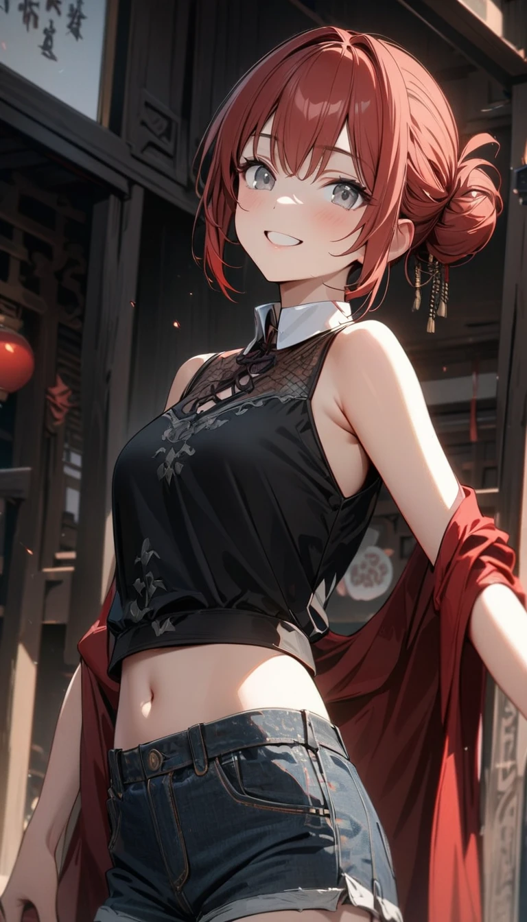 young girl, short red hair in a bun, gray eyes, smile, red Chinese cape, black Chinese shirt, shorts, white collar, open shoulders, Danjin, Masterpiece, best quality, Full HD, 8k, ultra details, great graphic