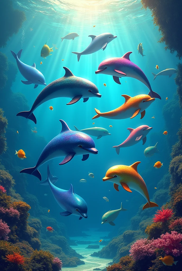 Colorful dolphins swimming 