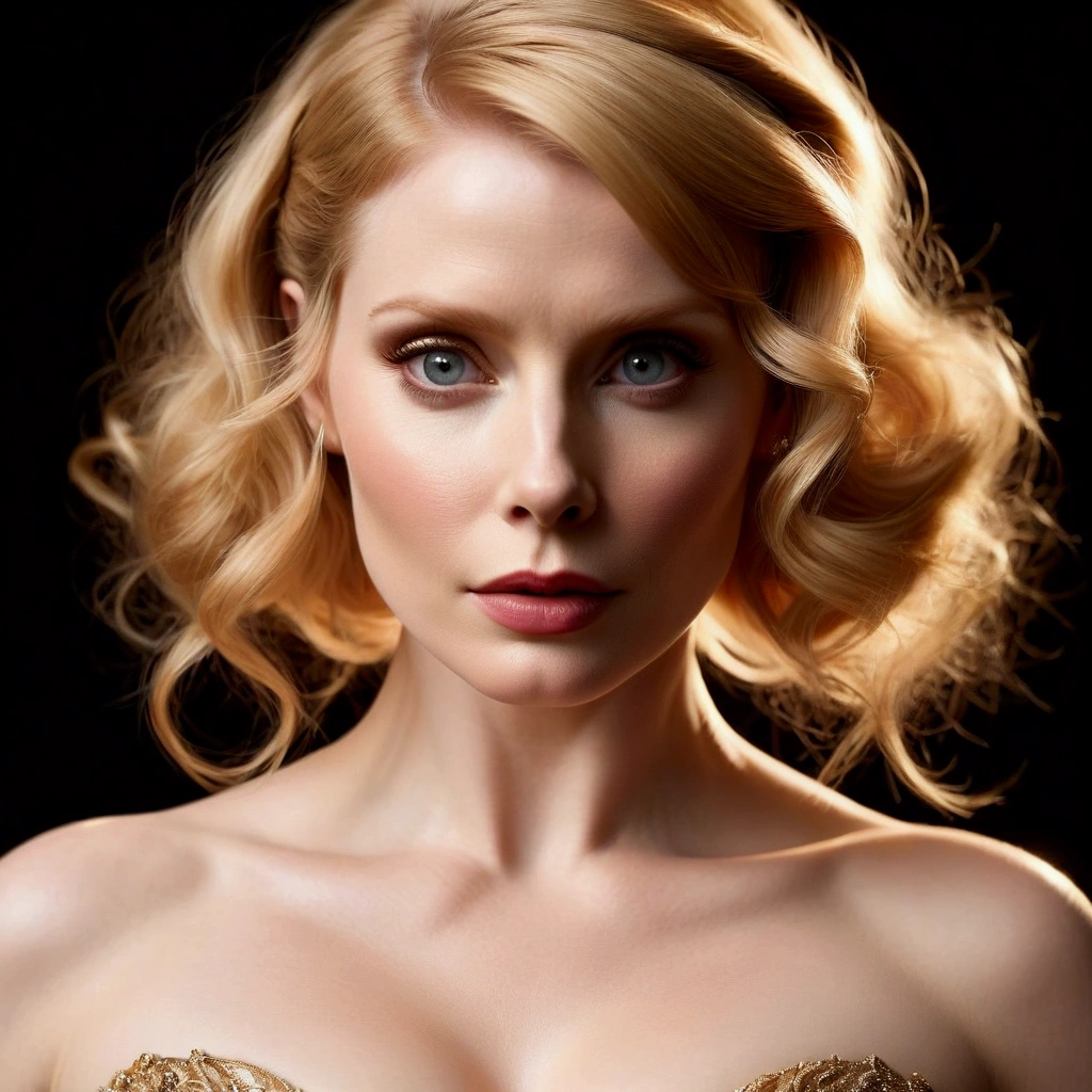 HYBRID FACE BETWEEN MICHELLE PFEIFFER AND BRYCE DALLAS HOWARD, 2, BUST IMAGE STYLE, STUDIO IMAGE STYLE, DIFFUSED LIGHTS ON FACE, STRONG BACK LIGHTS, CLOSE FACE SHOTBLACK, BLONDE BUN HAIR STYLE, VERY LIGHTNING BLONDE HAIR, VERY PALE SKY, HIGH CHEEKBONES, ROSY CHEEKS, GORGEOUS LIPS, SOFT LIPSTICK, VOLUMOUS BREASTS, STRAPLESS CLEAVAGE, GOLDEN STRAPLESS DRESS, ENIGMATIC FACE EXPRESSIO, VERY DARK BLACK INFINITE BACKGROUND, FRONT FACE VIEW, MIDDLE ANGLE CAMERA SHOT, HIGH QUALITY IMAGE, MASTERPIECE, 8K