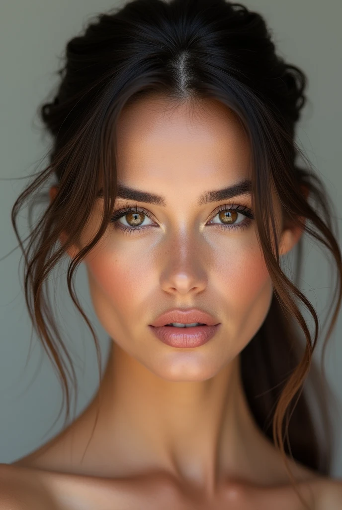 Ultra realistic photo portrait of a Brunette with straight haire, italian, no makeup, meticulous, gorgeous, large lips, Dark brown eyes, tied hair | detailed, highly detailed, 8k resolution, high resolution, full hd resolution image grain, award winning photography