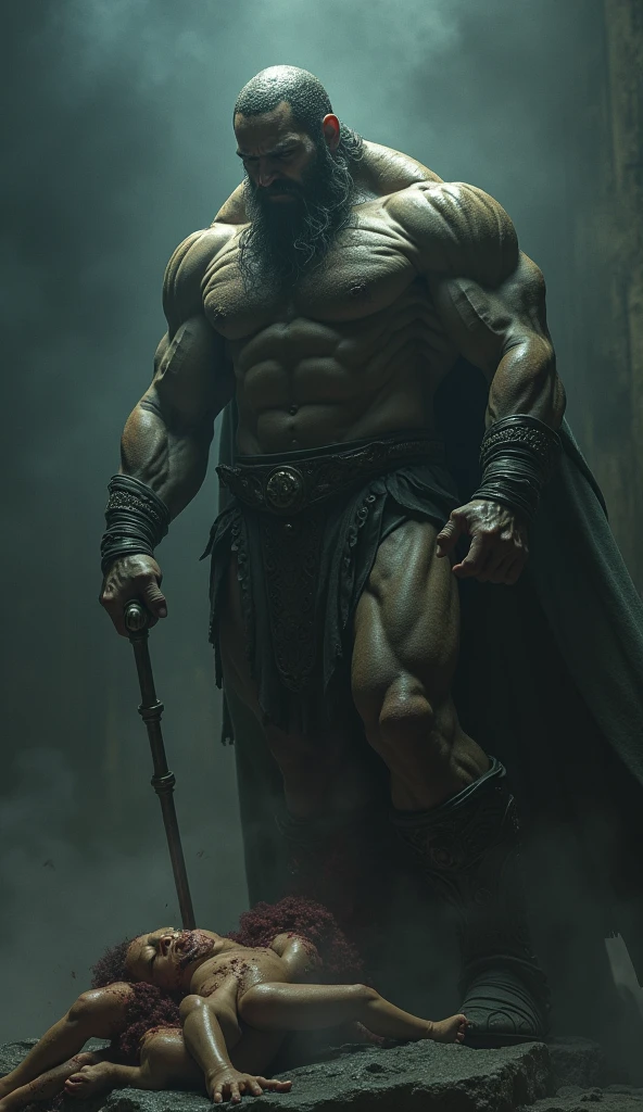 a muscular male figure, powerful god, greek mythology, Chronos devouring his own children, dramatic lighting, dark ominous atmosphere, chiaroscuro, somber color palette, moody tones, cinematic composition, hyper realistic, photorealistic, 8k, high resolution, intricate details, dramatic shadows, powerful expression, visceral, unsettling, masterpiece, (best quality,4k,8k,highres,masterpiece:1.2),ultra-detailed,(realistic,photorealistic,photo-realistic:1.37)