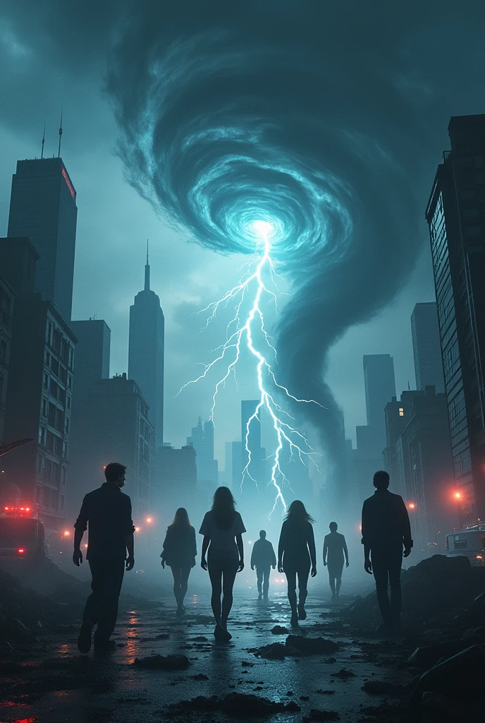 A movie poster, with a city going through a storm with tornadoes,hurricanes, rays and etc..
