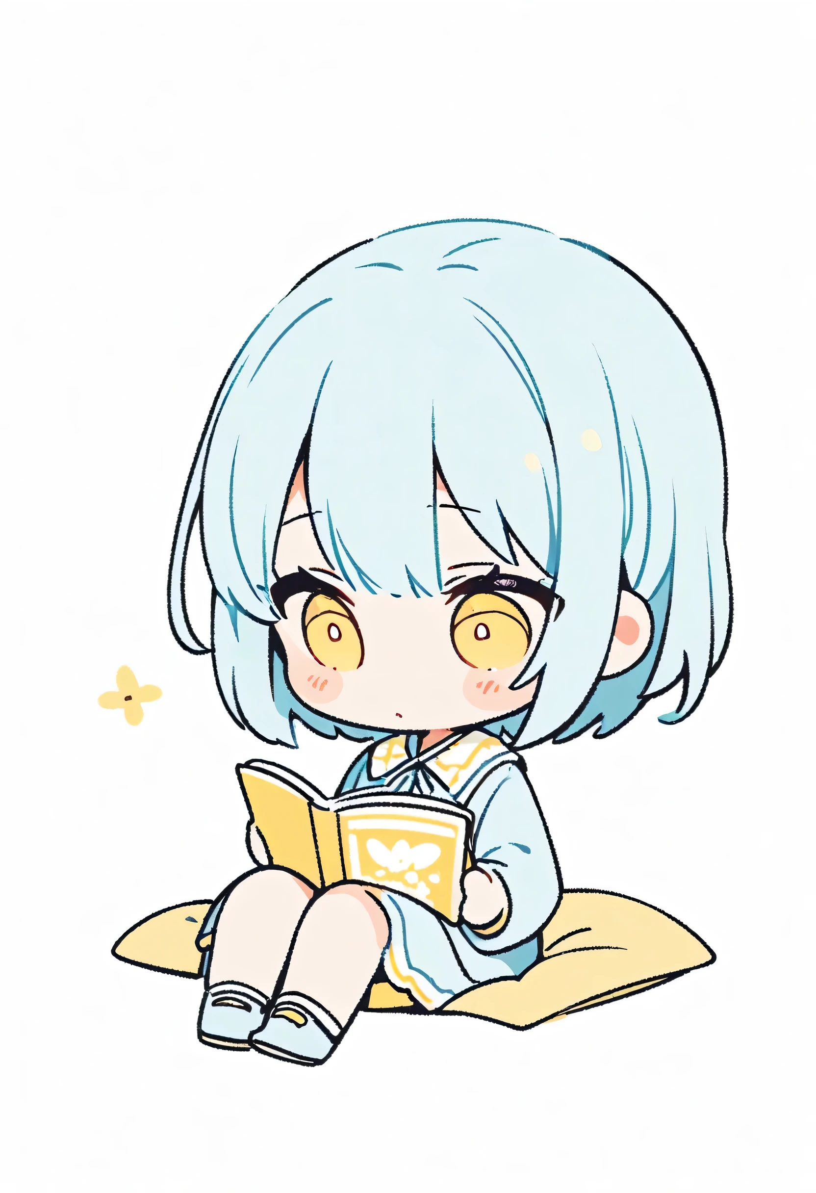 ((chibi)), ((illustration)), line art, girl, solo, (white background), sitting down reading book, wearing yellow and light blue clothes