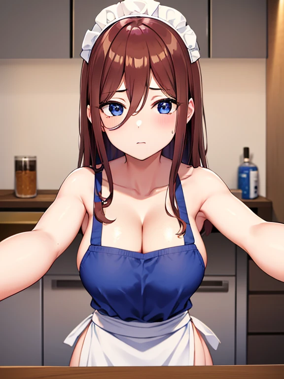 Shooting in the kitchen,Show the whole body,Miku Nakano, Miku Nakano Chick III, Long Hair, Bangs, Blue eyes, Brown hair, Hair between the eyes,Big Breasts,Cleavage,,Big Breasts,Cleavage,Naked Apron,White apron