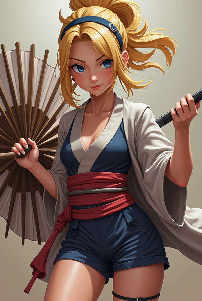 Temari: A younger Temari with her signature large fan, dressed in a smaller version of her usual attire, looking cross and determined.