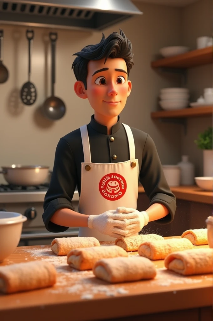 Create a Pixar-style cartoon scene in 3D, Where a man, short straight black hair, black and normal eyes, aged 22, dressed in a black salty dolma and a white salty apron with its logo drawn on the chest written "salgadosdoRamos" (Savory Risolis and Sausage Rolls). He is inside a kitchen full of savory Risolis and sausage rolls.. He's got his hands dirty dressed like a pastry chef with the words salgadosdoRamos written on it.