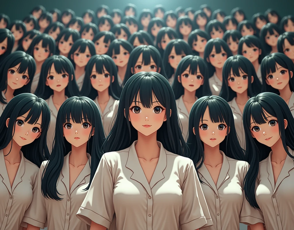 (Japanese Clone-girls=Myself), (Super Best masterpiece Clone-girls Raw Photography Art), (16K, Highest quality, Ultra-high resolution, RAW Photos), (It's so unrealistic., With unparalleled depiction, With an unfathomable sight, An unprecedented and shocking worldview, Clone-girls: In a world of mass reproduction, Ultra-realistic), (Japanese Girls, 16yo, Small face, Thick black hair, long hair, Dark Eyes, Mature face, かわいいsmile, Smiling face, A gentle gaze, Very pleasant look), (Very beautiful detailed girls, Accurate body structure, Accurate body movements, Very detailed body, (Super big breasts, Large bulge of ample breasts)), (Schoolgirl uniform, Short sleeve, mini skirt, Emphasise the fullness of your breasts), (Very detailed, Myself cloning, Depiction of splitting oneself, 1Myself girl→1,000,000,000,000,000,000,000,000,000,000Myself cloning girls), (Very detailed and intricate, Myself's body is multiplying, A perfectly matched depiction, (In the same female body,With the same face, With the same hairstyle, In the same clothes, At the same height, 同じSuper big breasts), 1,000,000,000,000,000,000,000,000,000,000 people mass proliferation), (Myself girls only), Academy, gym, stage, academic level, Commemorative photo depiction, Group photo, Tiered stage photography, smile, Front view
