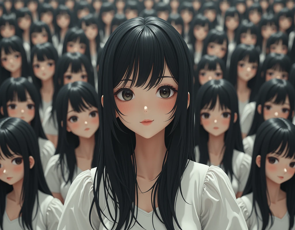 (Japanese Clone-girls=Myself), (Super Best masterpiece Clone-girls Raw Photography Art), (16K, Highest quality, Ultra-high resolution, RAW Photos), (It's so unrealistic., With unparalleled depiction, With an unfathomable sight, An unprecedented and shocking worldview, Clone-girls: In a world of mass reproduction, Ultra-realistic), (Japanese Girls, 16yo, Small face, Thick black hair, long hair, Dark Eyes, Mature face, かわいいsmile, Smiling face, A gentle gaze, Very pleasant look), (Very beautiful detailed girls, Accurate body structure, Accurate body movements, Very detailed body, (Super big breasts, Large bulge of ample breasts)), (Schoolgirl uniform, Short sleeve, mini skirt, Emphasise the fullness of your breasts), (Very detailed, Myself cloning, Depiction of splitting oneself, 1Myself girl→1,000,000,000,000,000,000,000,000,000,000Myself cloning girls), (Very detailed and intricate, Myself's body is multiplying, A perfectly matched depiction, (In the same female body,With the same face, With the same hairstyle, In the same clothes, At the same height, 同じSuper big breasts), 1,000,000,000,000,000,000,000,000,000,000 people mass proliferation), (Myself girls only), Academy, gym, stage, academic level, Commemorative photo depiction, Group photo, Tiered stage photography, smile, Front view