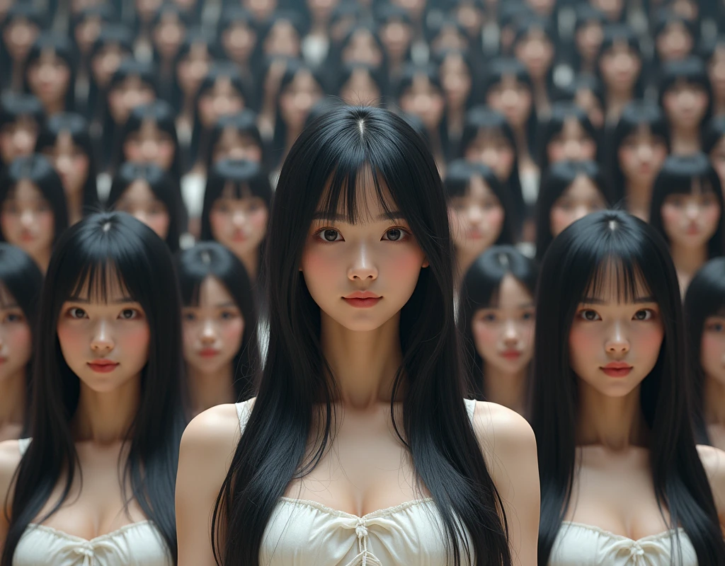 (Japanese Clone-girls=Myself), (Super Best masterpiece Clone-girls Raw Photography Art), (16K, Highest quality, Ultra-high resolution, RAW Photos), (It&#39;s so unrealistic., With unparalleled depiction, With an unfathomable sight, An unprecedented and shocking worldview, Clone-girls: In a world of mass reproduction, Ultra-realistic), (Japanese Girls, 16yo, Small face, Thick black hair, long hair, Dark Eyes, Mature face, かわいいsmile, Smiling face, A gentle gaze, Very pleasant look), (Very beautiful detailed girls, Accurate body structure, Accurate body movements, Very detailed body, (Super big breasts, Large bulge of ample breasts)), (Schoolgirl uniform, Short sleeve, mini skirt, Emphasise the fullness of your breasts), (Very detailed, Myself cloning, Depiction of splitting oneself, 1Myself girl→1,000,000,000,000,000,000,000,000,000,000Myself cloning girls), (Very detailed and intricate, Myself&#39;s body is multiplying, A perfectly matched depiction, (In the same female body,With the same face, With the same hairstyle, In the same clothes, At the same height, 同じSuper big breasts), 1,000,000,000,000,000,000,000,000,000,000 people mass proliferation), (Myself girls only), Academy, gym, stage, academic level, Commemorative photo depiction, Group photo, Tiered stage photography, smile, Front view