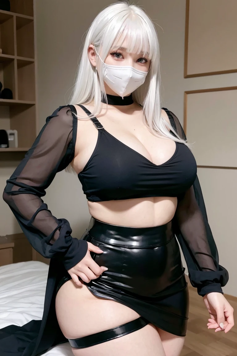 White Haired Girl,With bangs, Black gloves, Crop top, skirt, Goth, Green Eyes,4K, masterpiece, Perfect body, Dry,Perfect Eyes, Perfect Shading, Perfect lighting, Highest quality, Artwork, Super detailed, Detailed clothing、Plus Size、Plump、Chubby、(Black enamel face mask)、Large Breasts、Big Ass、Thick legs、Angle from below、(sexly)、Gorgeous Bedroom