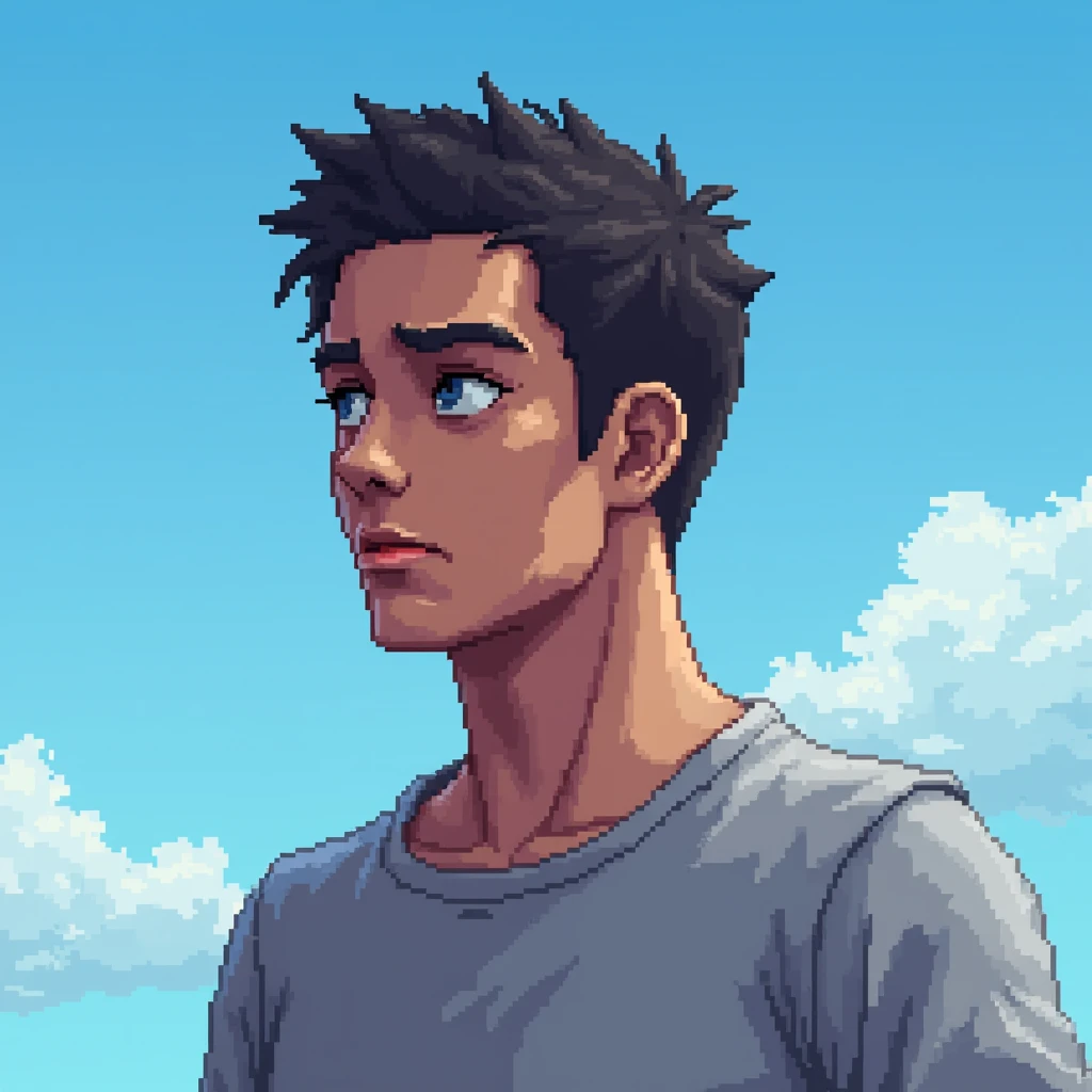 Create a pixel box art of a male  with a blue sky in the background